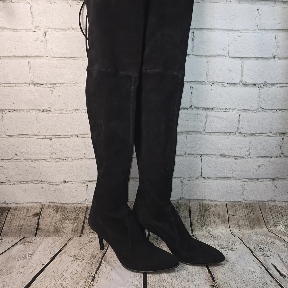 Stuart Weitzman Black Over-the-Knee Suede Tiemodel Almond Toe Womens Boots 9 EUC